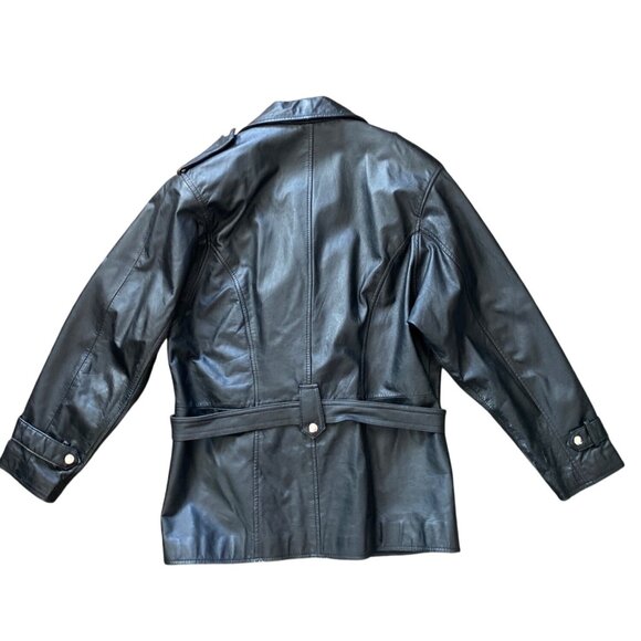 Vintage Wilsons Leather Jacket 80s 90s Black Moto Biker Coat Belted Medium - Picture 2 of 16